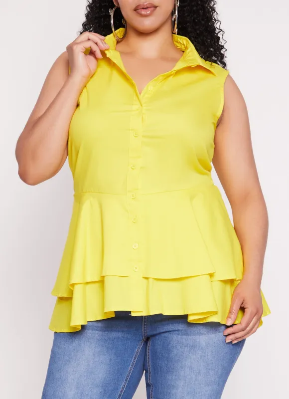 Plus Size Sleeveless Tiered Button Front Shirt sold by Rainbow
