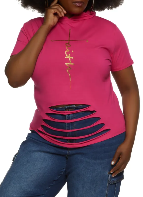 Plus Size Faith Laser Cut Hooded Graphic Tee sold by Rainbow