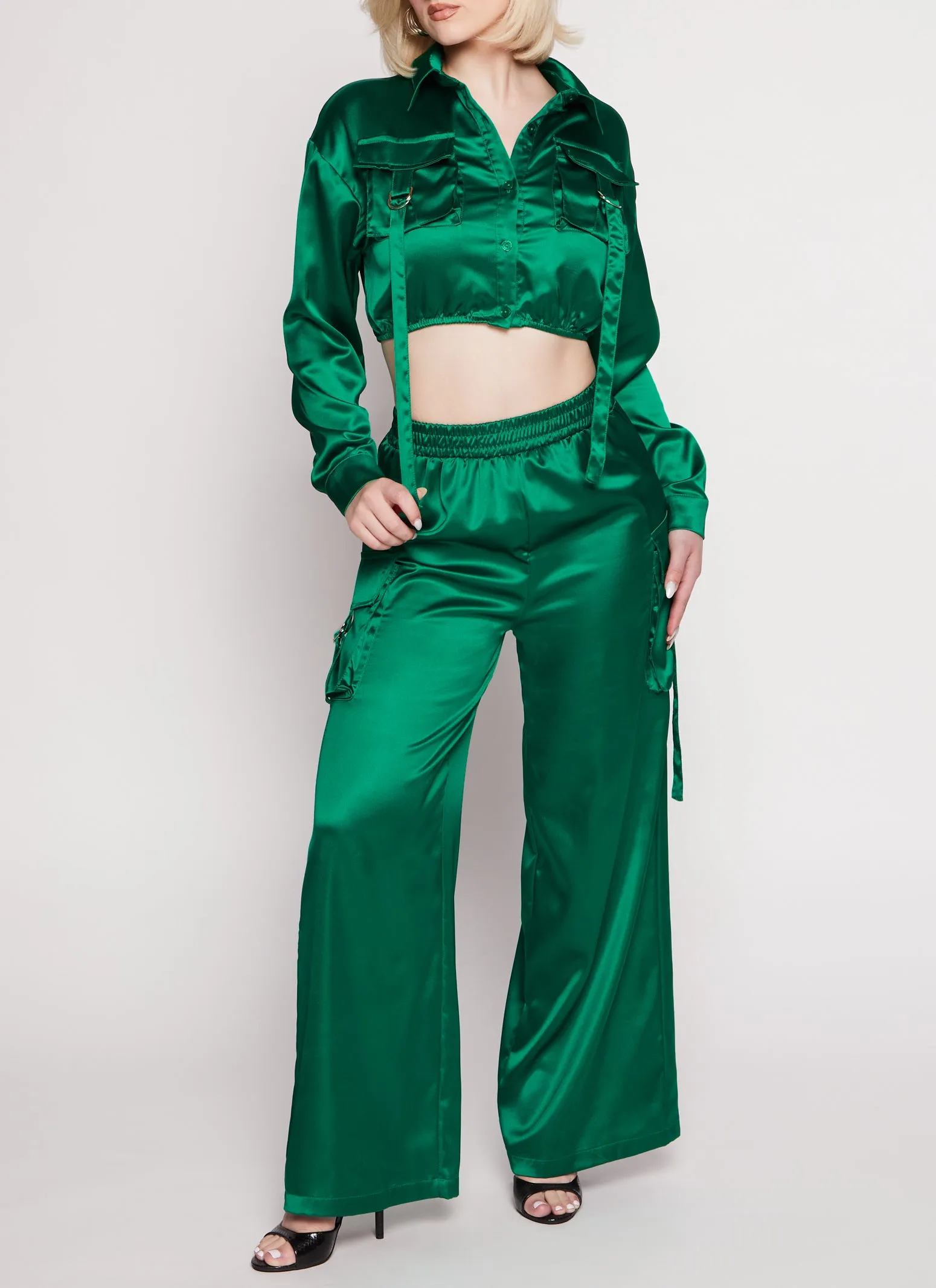Satin Wide Leg Cargo Pocket Pants sold by Rainbow