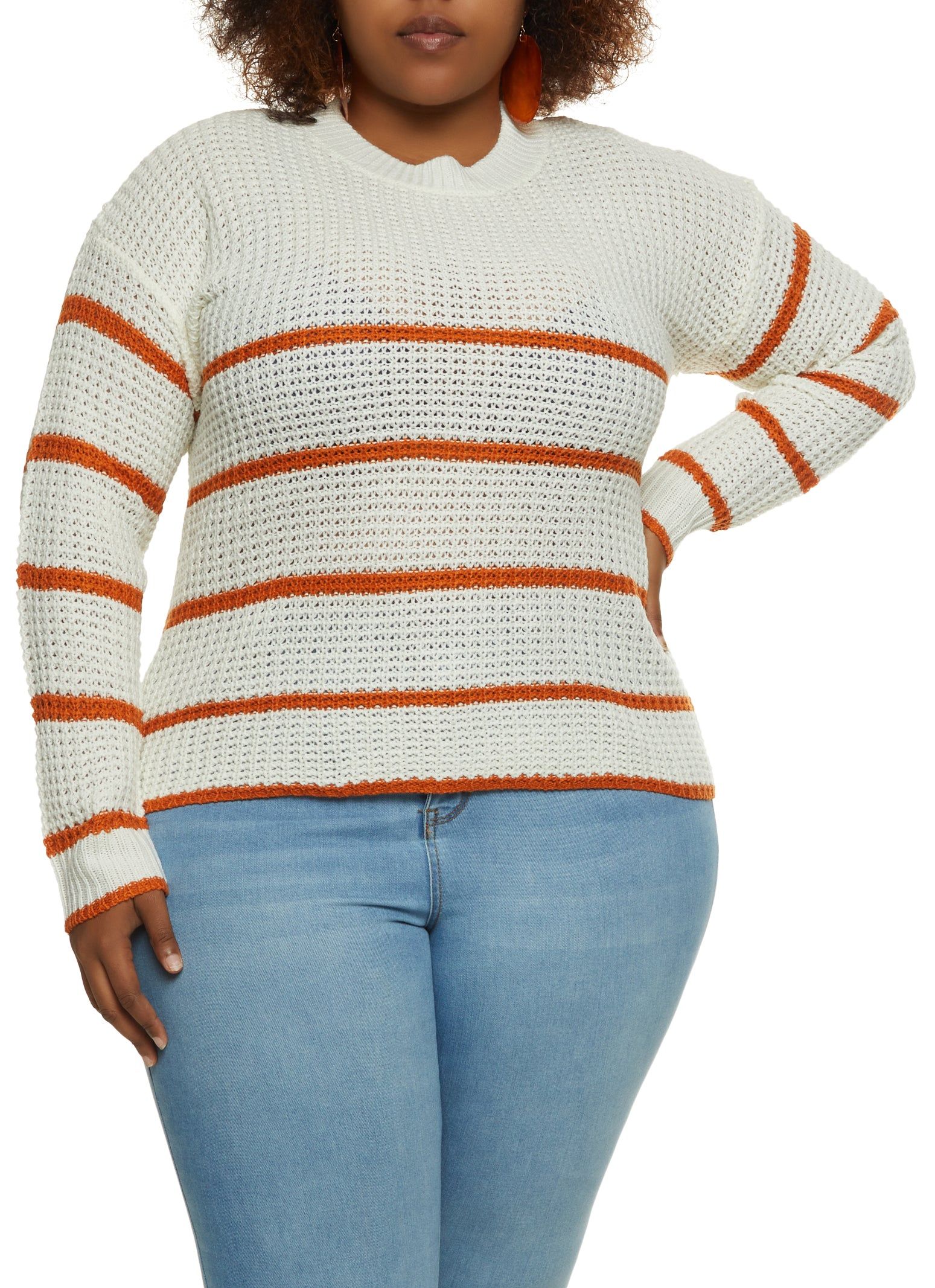 Plus Size Crew Neck Striped Pullover Sweater sold by Rainbow