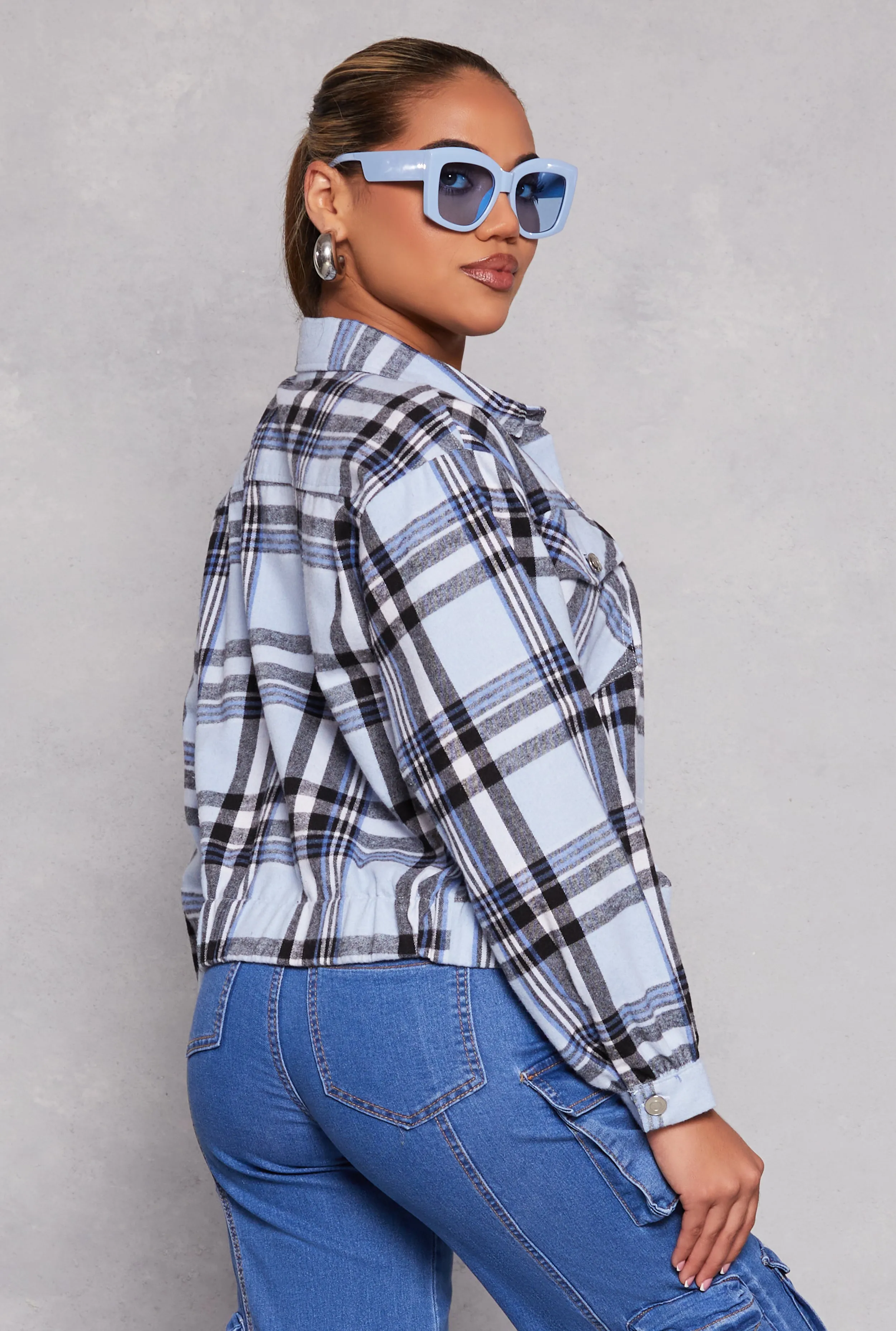 Brushed Knit Plaid Cropped Shacket sold by Rainbow product image thumbnail 3