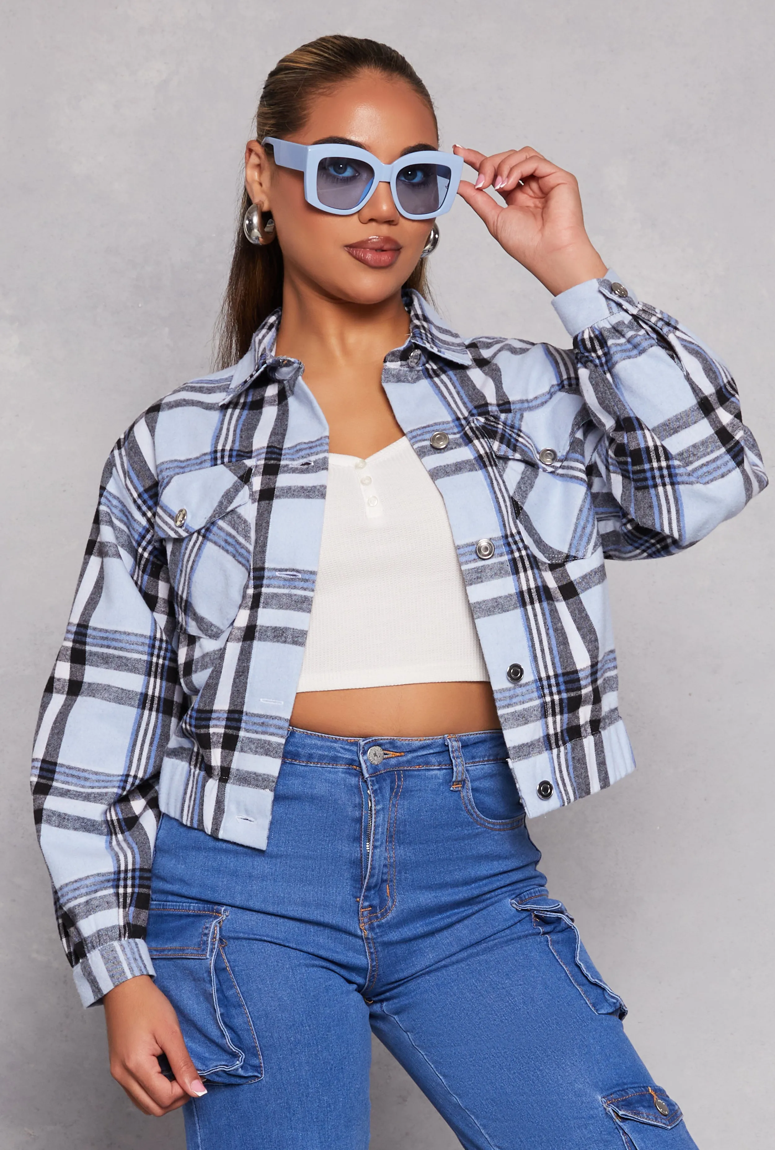 Brushed Knit Plaid Cropped Shacket sold by Rainbow