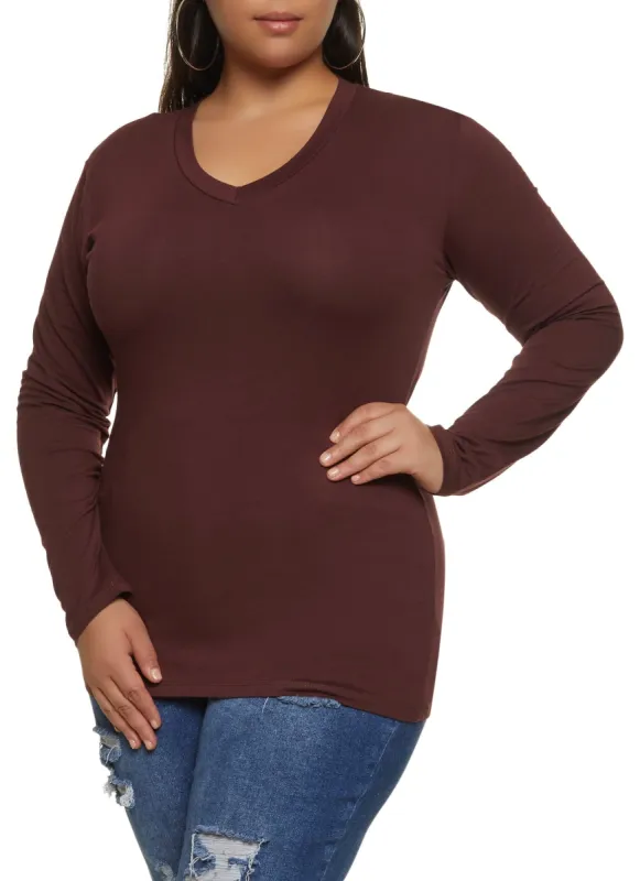 Plus Size Long Sleeve V Neck Basic Tee sold by Rainbow