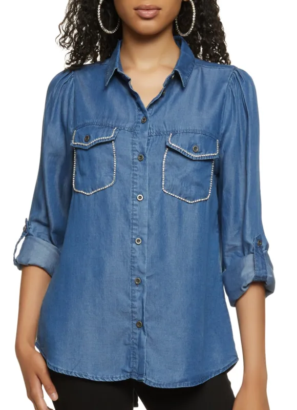 Rhinestone Trim Pocket Chambray Shirt sold by Rainbow