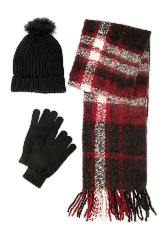 Rib Knit Pom Pom Beanie with Gloves and Plaid Scarf Set sold by Rainbow