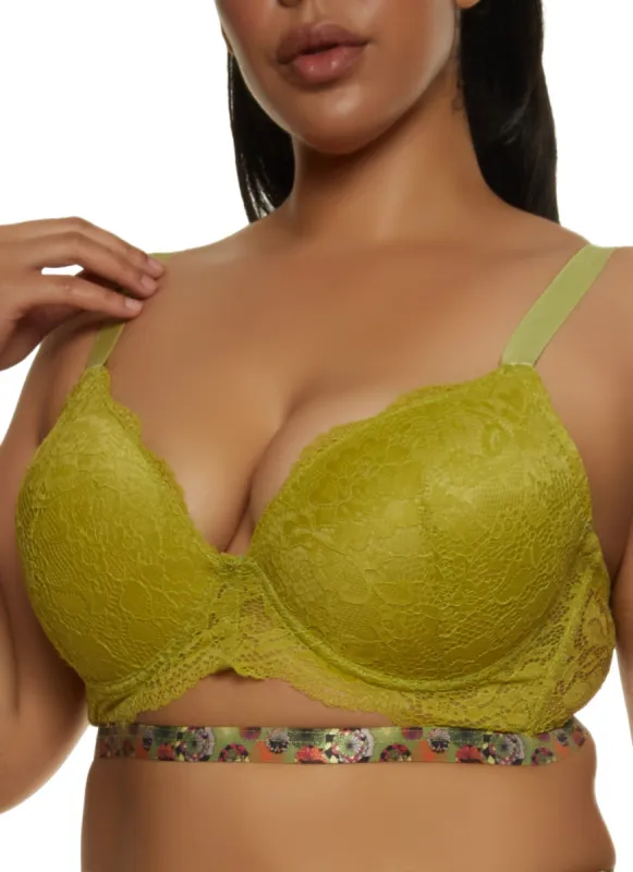 Plus Size Printed Trim Cut Out Lace Longline Bra sold by Rainbow