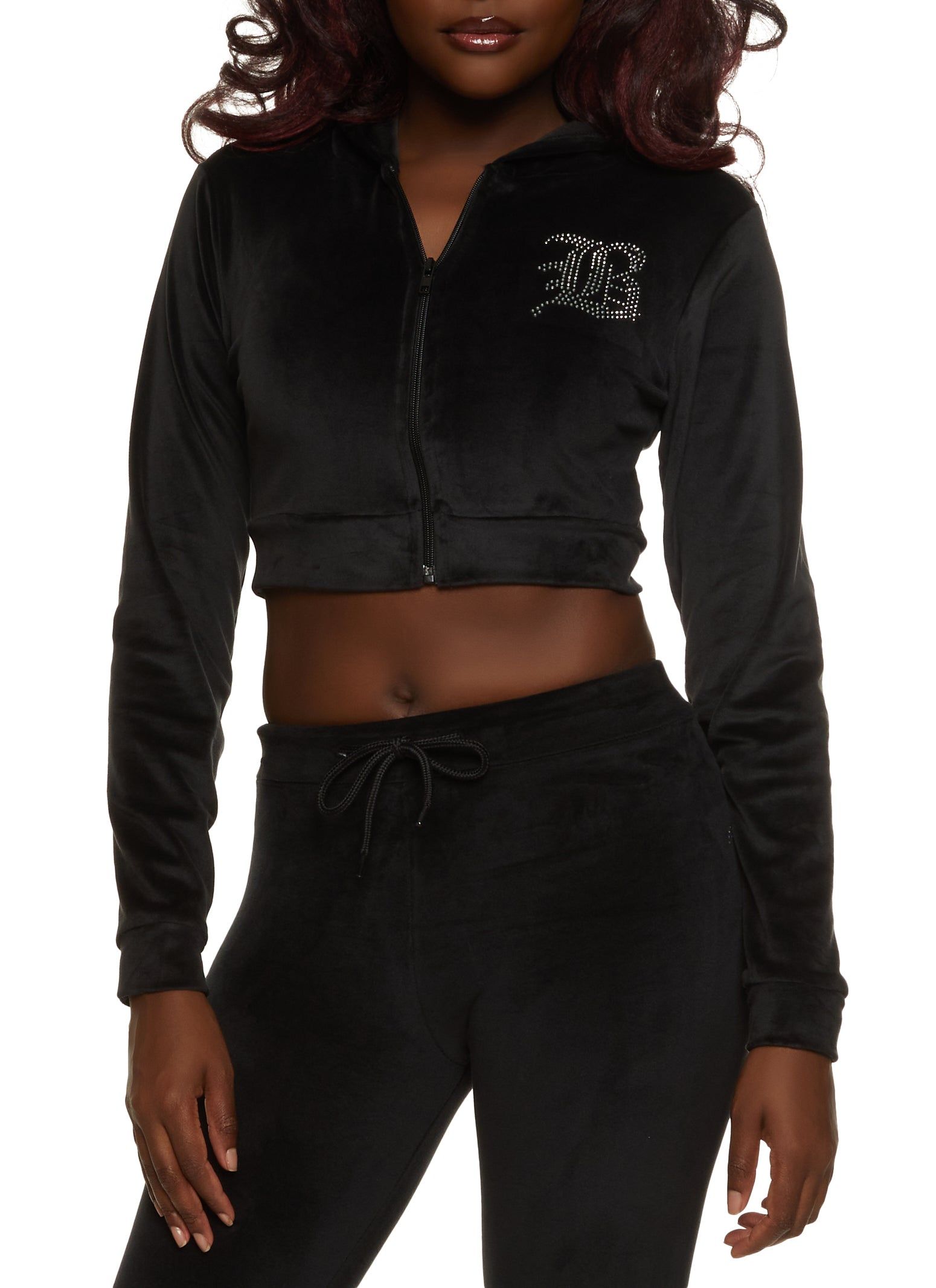 B Initial Rhinestone Velour Cropped Hoodie sold by Rainbow