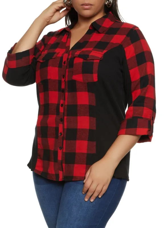 Plus Size Plaid Ribbed Detail Flannel Shirt sold by Rainbow