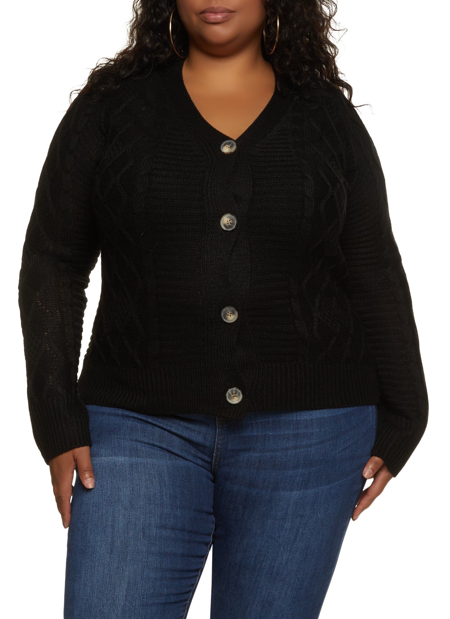 Plus Size Solid Cable Knit Button Front Cardigan sold by Rainbow