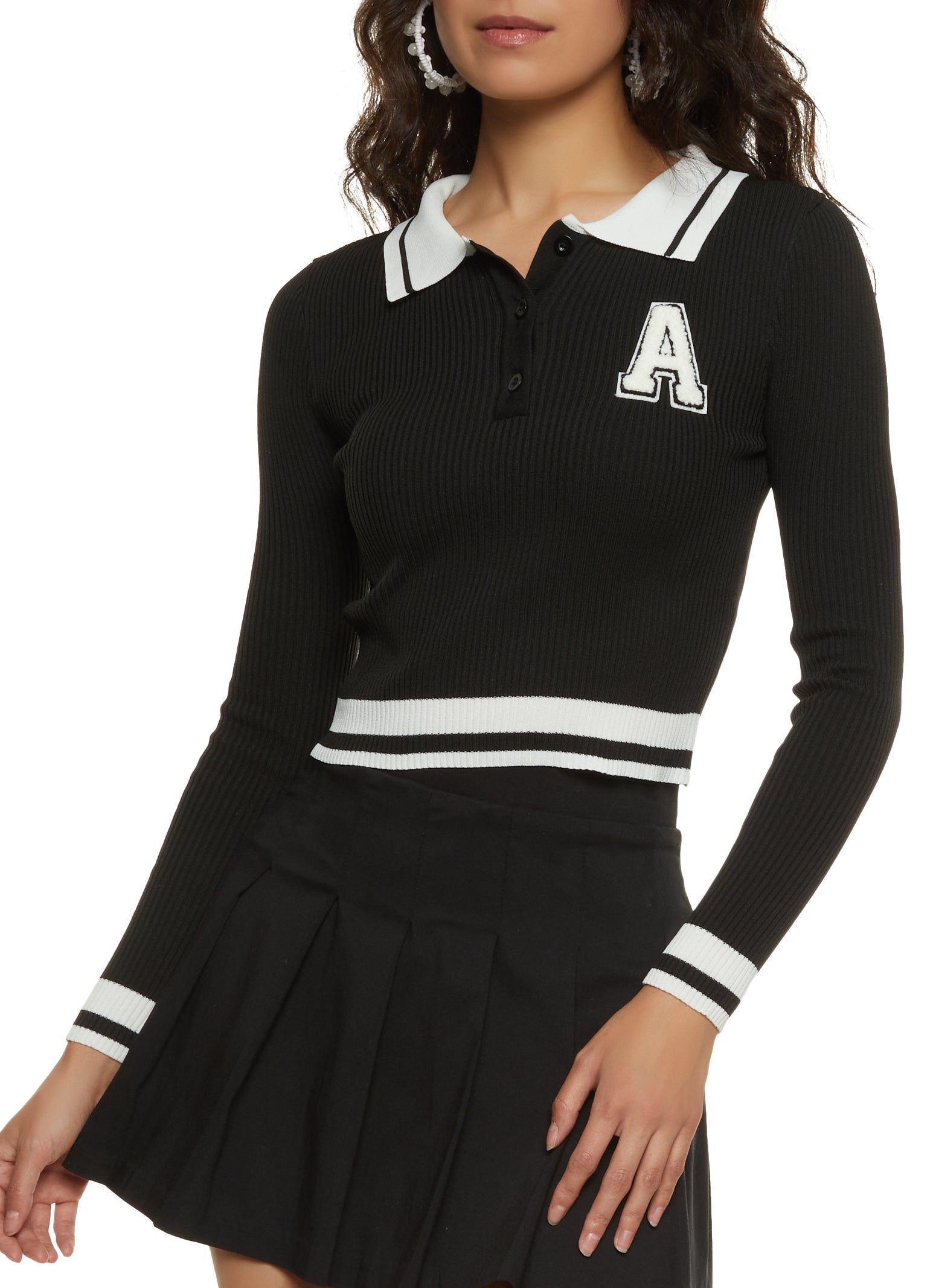 Chenille Graphic Patch Cropped Polo Sweater sold by Rainbow