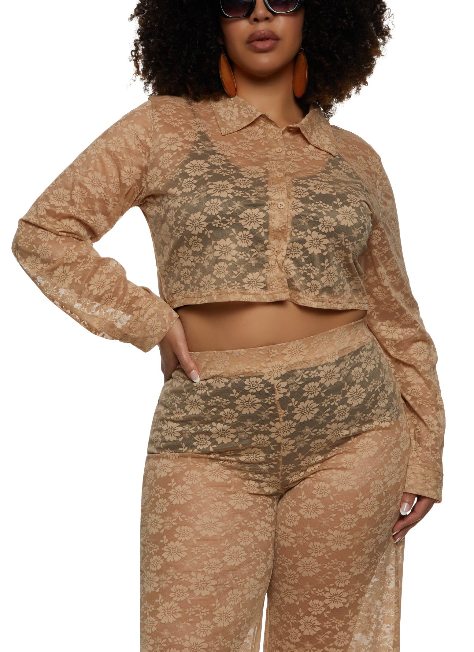 Plus Size Floral Lace Cropped Shirt sold by Rainbow