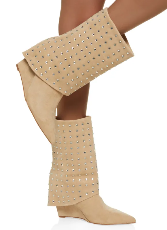 Rhinestone Studded Fold Over Wedge Booties sold by Rainbow