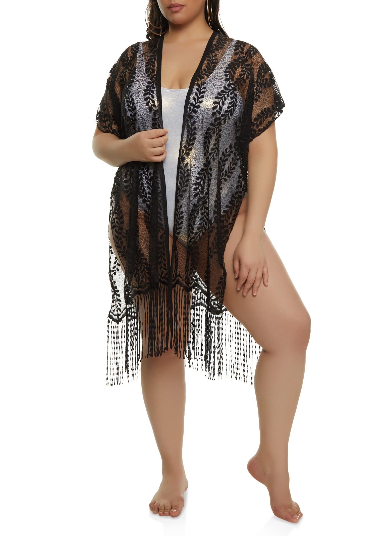 Leaf Patterned Fringed Cover Up Kimono sold by Rainbow