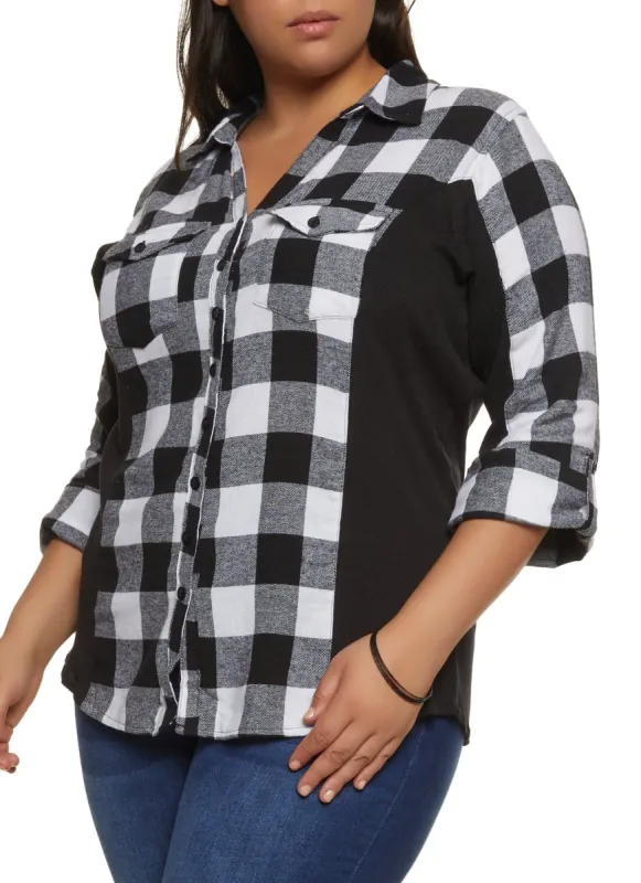 Plus Size Plaid Ribbed Detail Flannel Shirt sold by Rainbow