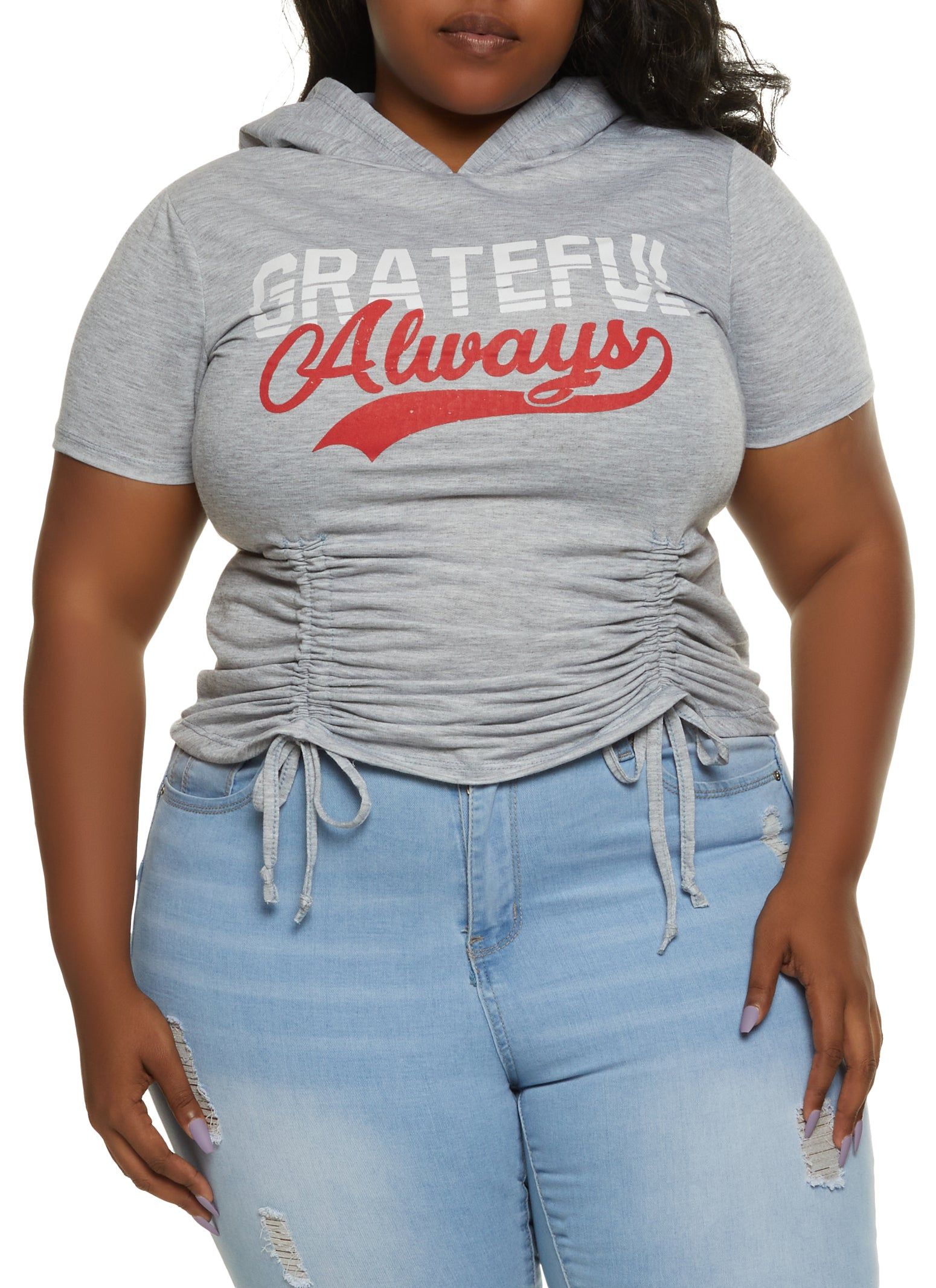 Plus Size Always Grateful Ruched Front Hooded Top sold by Rainbow