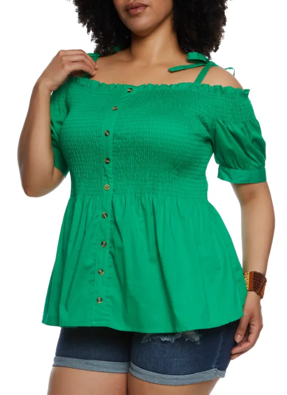 Plus Size Smocked Tie Strap Cold Shoulder Top sold by Rainbow