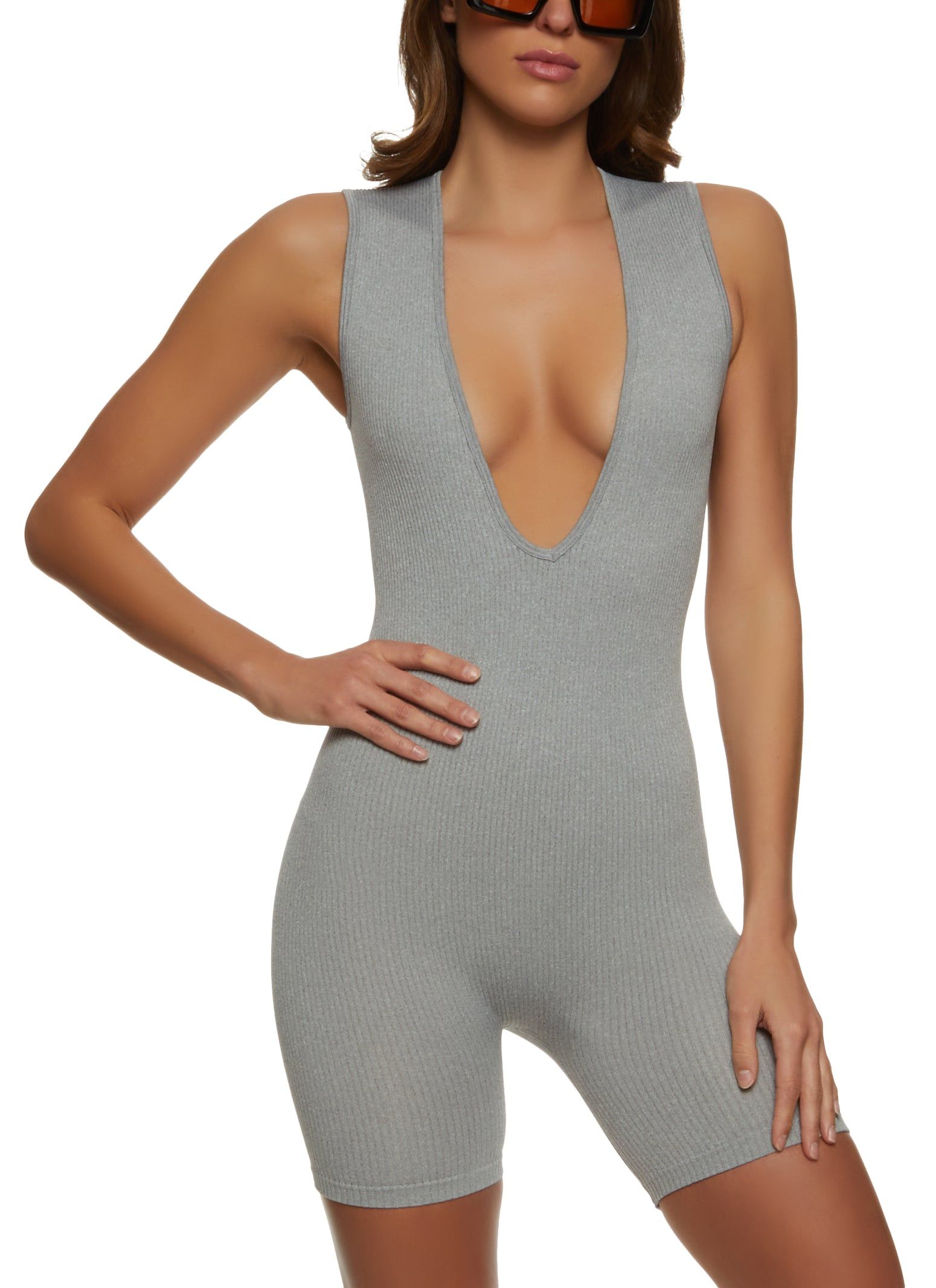Ribbed Plunge V Neck Romper sold by Rainbow