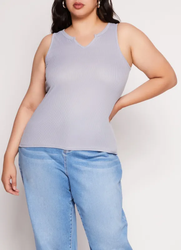 Plus Size Rib Knit Notch Neck Tank Top sold by Rainbow