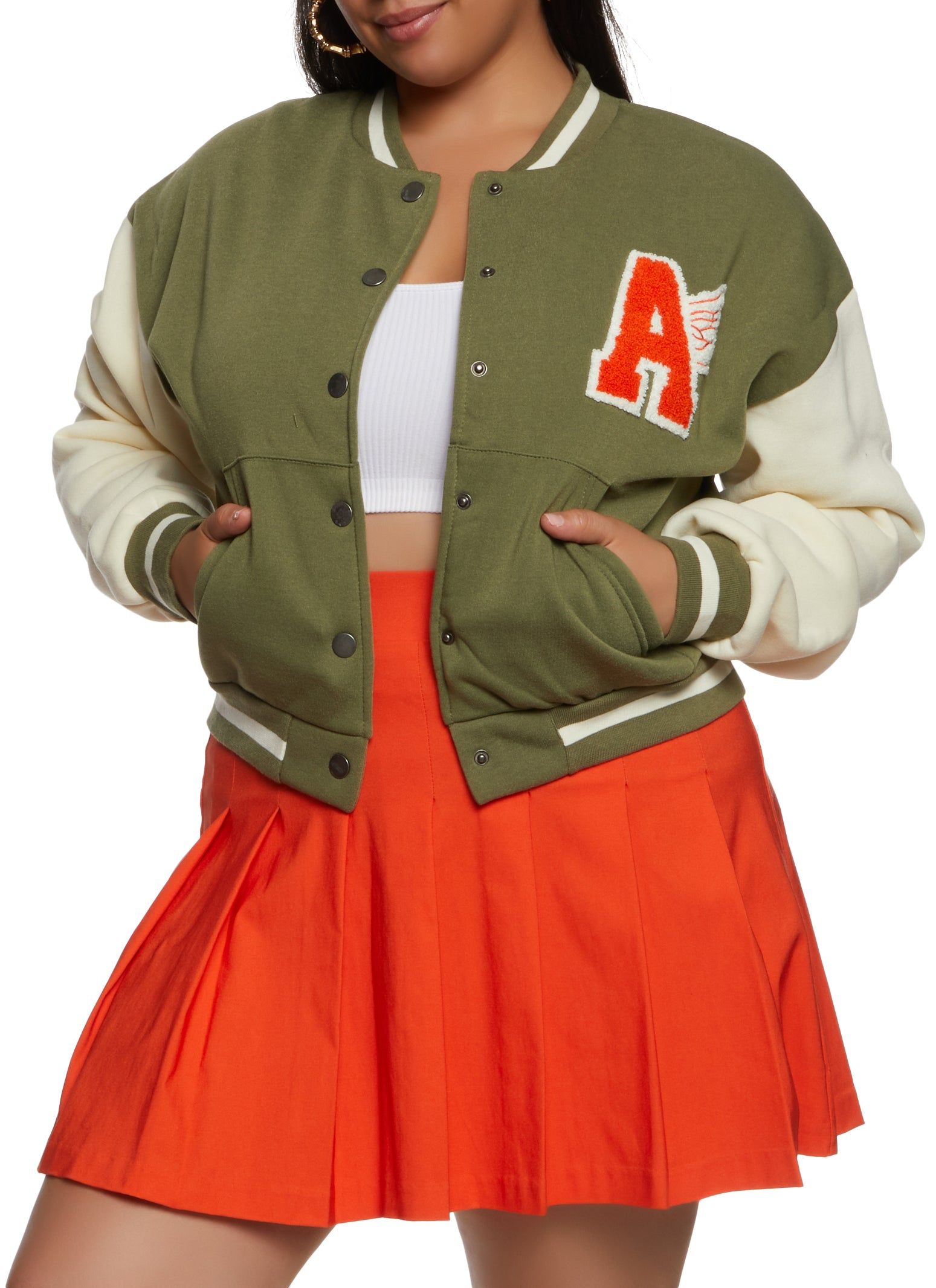 Plus Size A Initial Chenille Patch Varsity Jacket sold by Rainbow