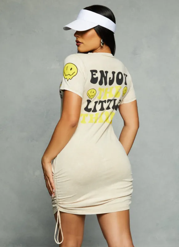 Enjoy The Little Things Smiley Ruched T Shirt Dress sold by Rainbow