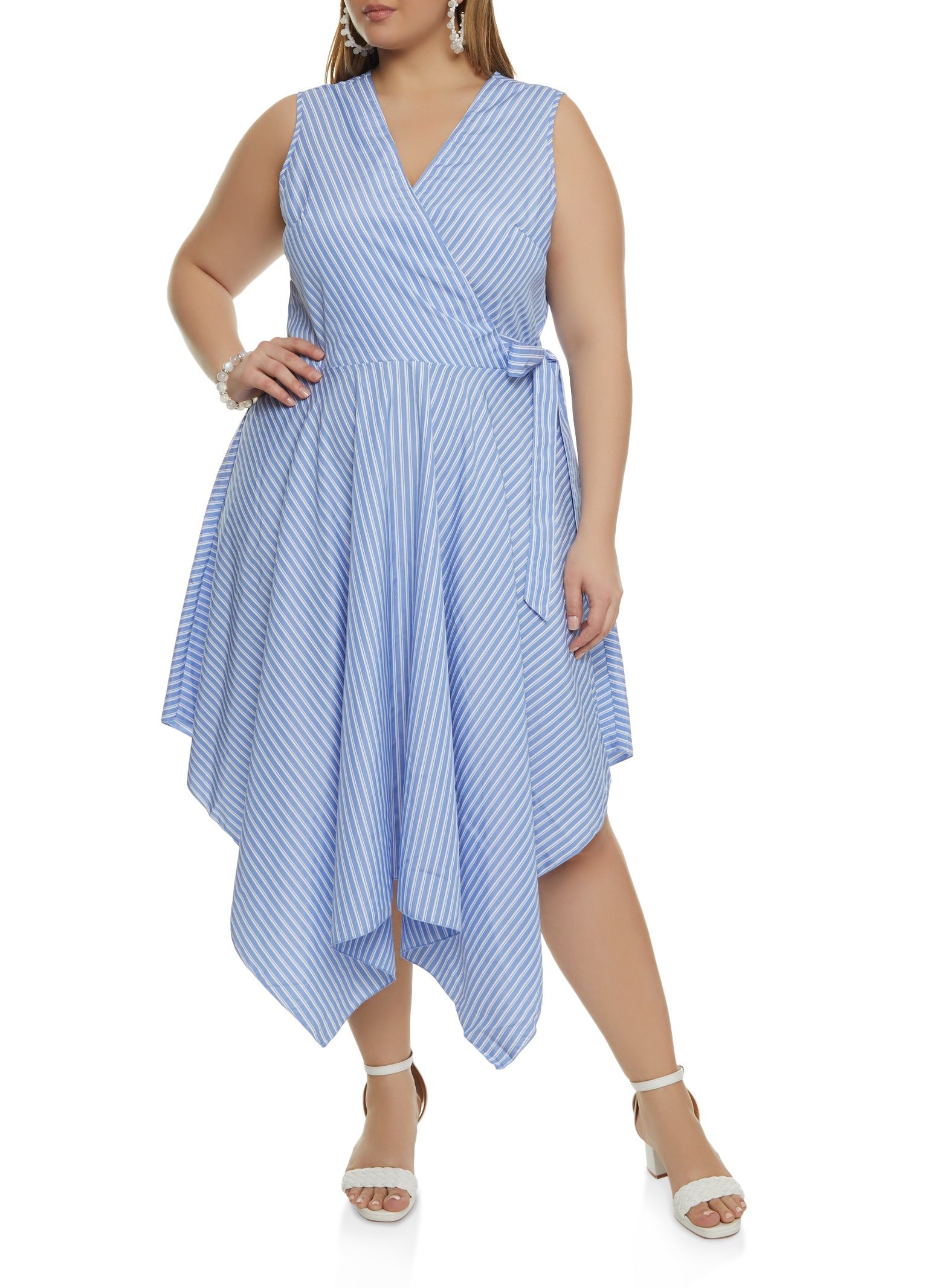 Plus Size Sleeveless Striped Faux Wrap Dress sold by Rainbow