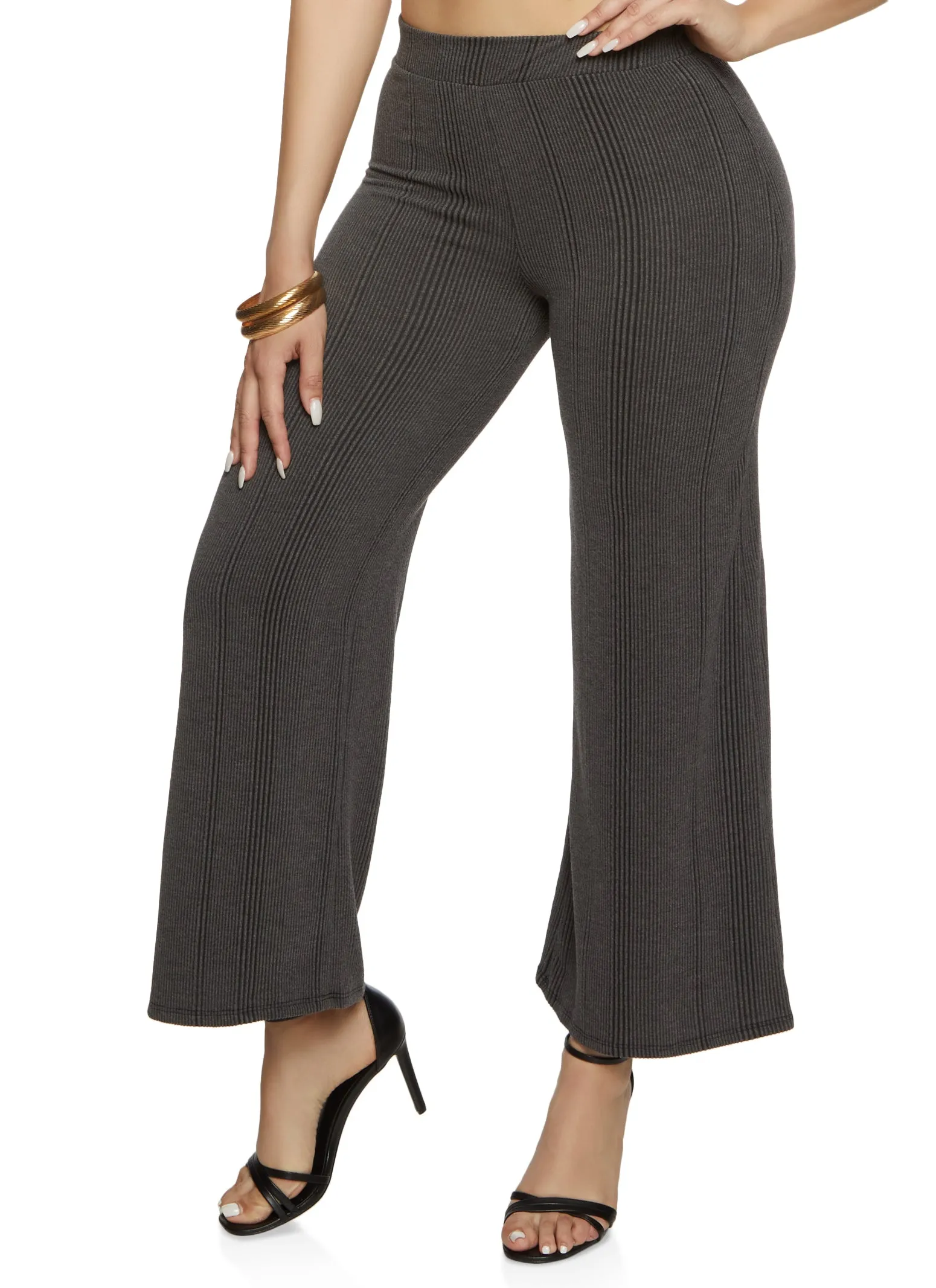 Solid Ribbed High Waist Wide Leg Pants sold by Rainbow