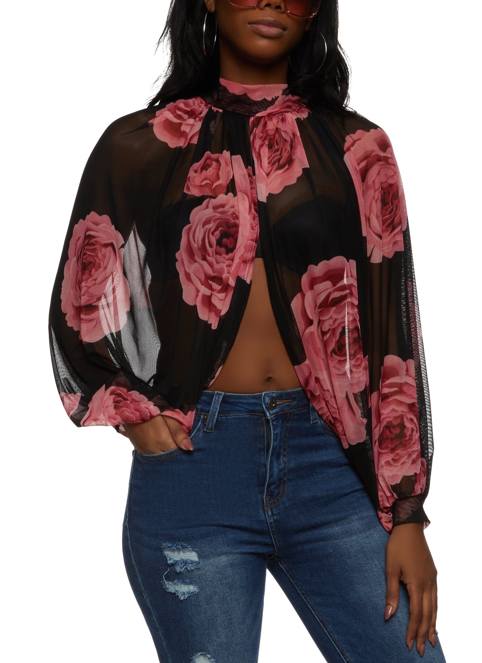 Floral Mesh Tie Back Split Hem Top sold by Rainbow