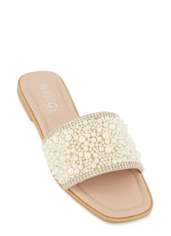 Rhinestone Trim Faux Pearl Band Slide Sandals sold by Rainbow