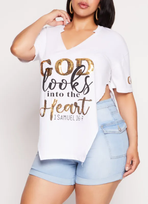 Plus Size Sequin God Looks Into The Heart Hanky Hem Tee sold by Rainbow