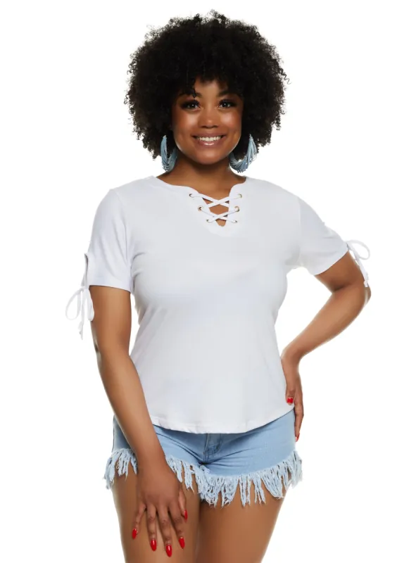 Plus Size Lace Up Notch Neck Tie Sleeve Tee sold by Rainbow