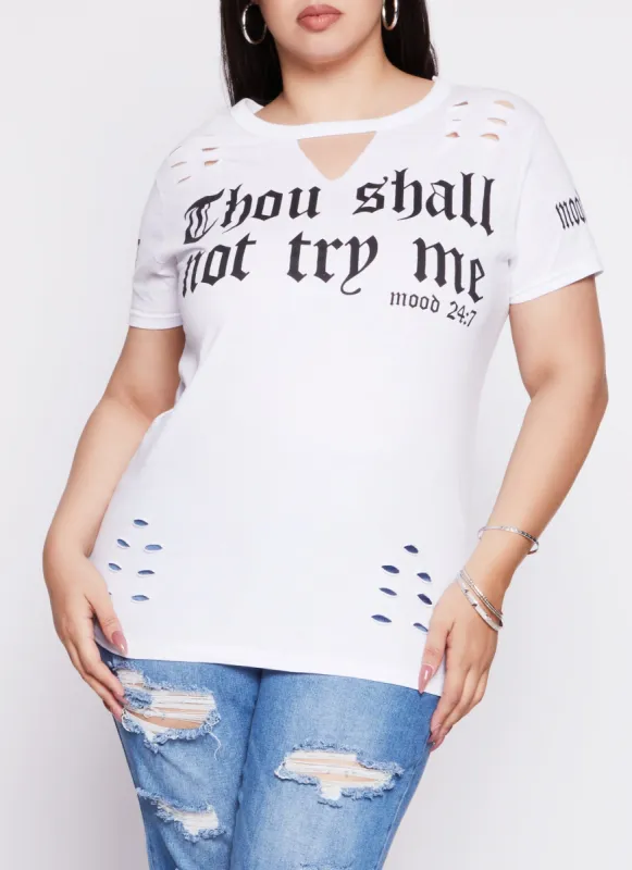 Plus Size Thou Shall Not Try Me Laser Cut Graphic Tee sold by Rainbow
