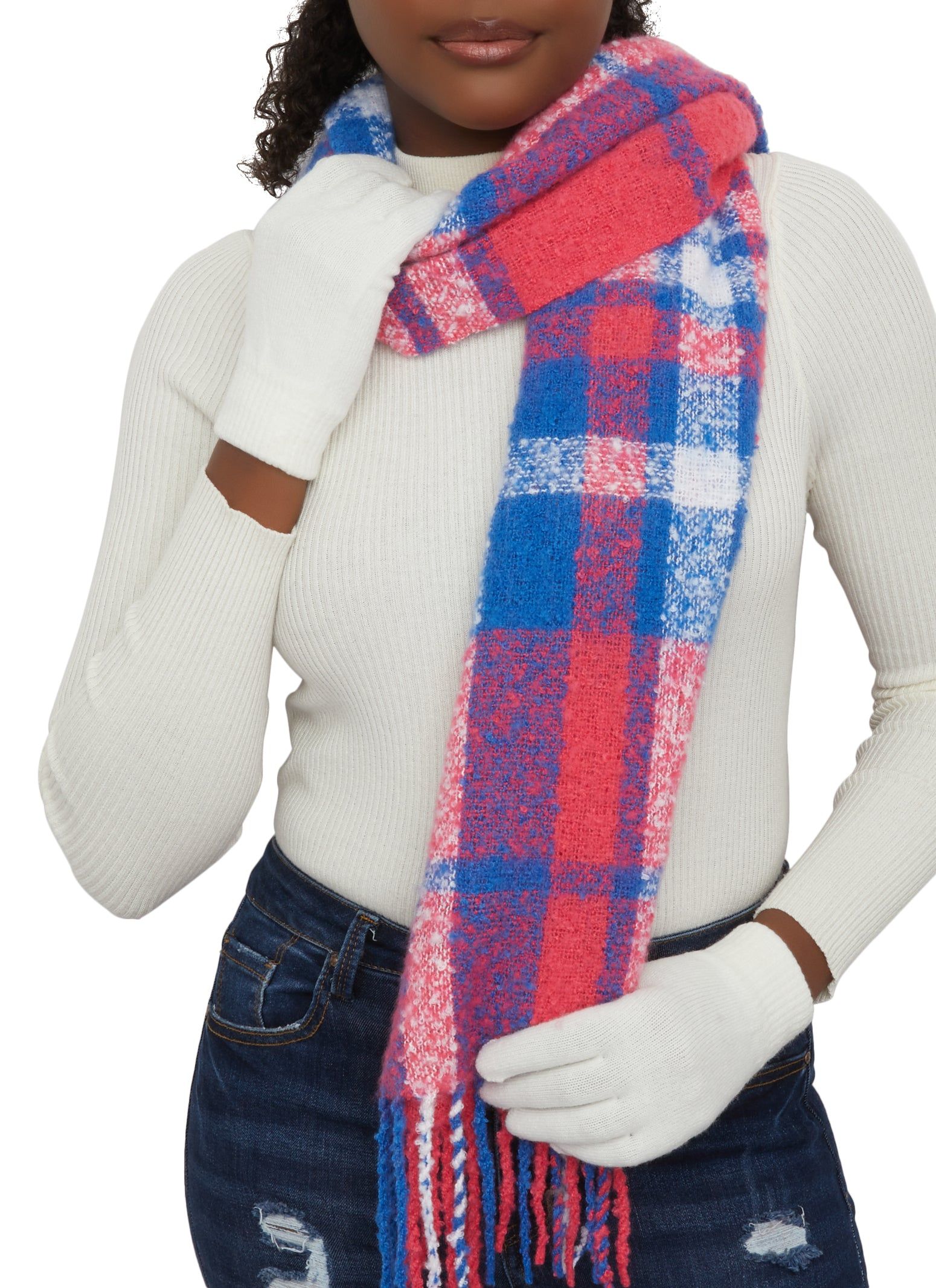 Rib Knit Pom Pom Beanie with Gloves and Plaid Scarf Set sold by Rainbow product image thumbnail 3
