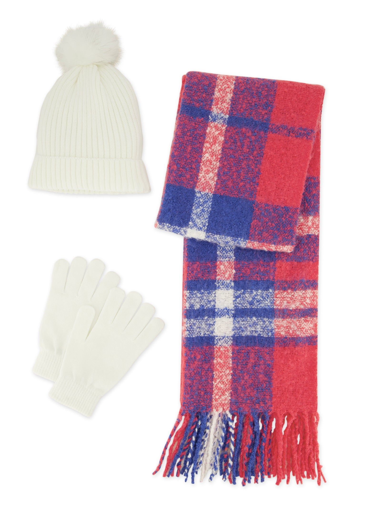 Rib Knit Pom Pom Beanie with Gloves and Plaid Scarf Set sold by Rainbow