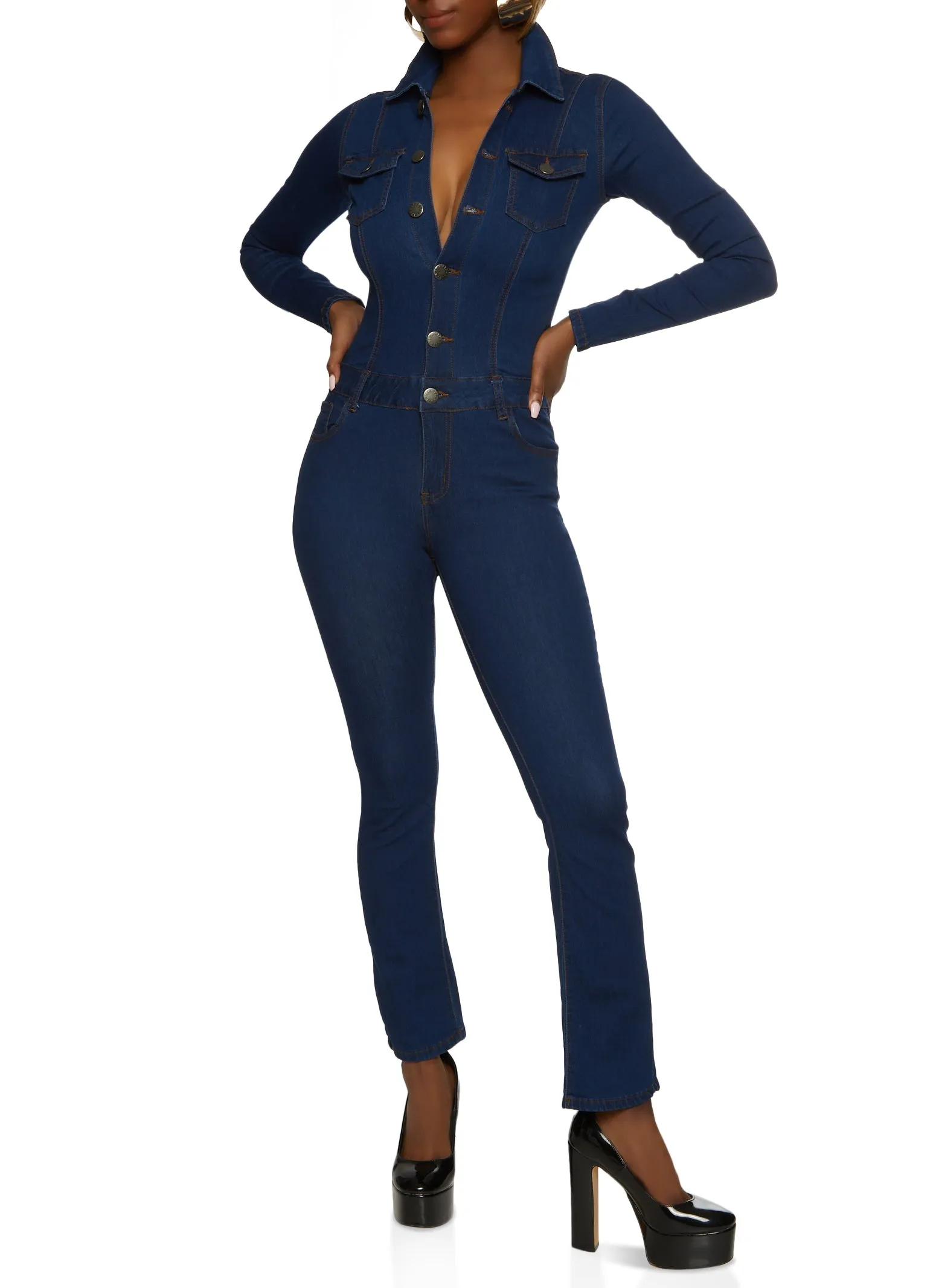 VIP Denim Button Front Long Sleeve Jumpsuit sold by Rainbow