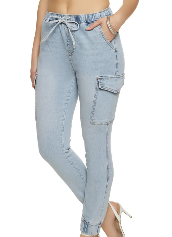 Almost Famous Drawstring Cargo Denim Joggers sold by Rainbow