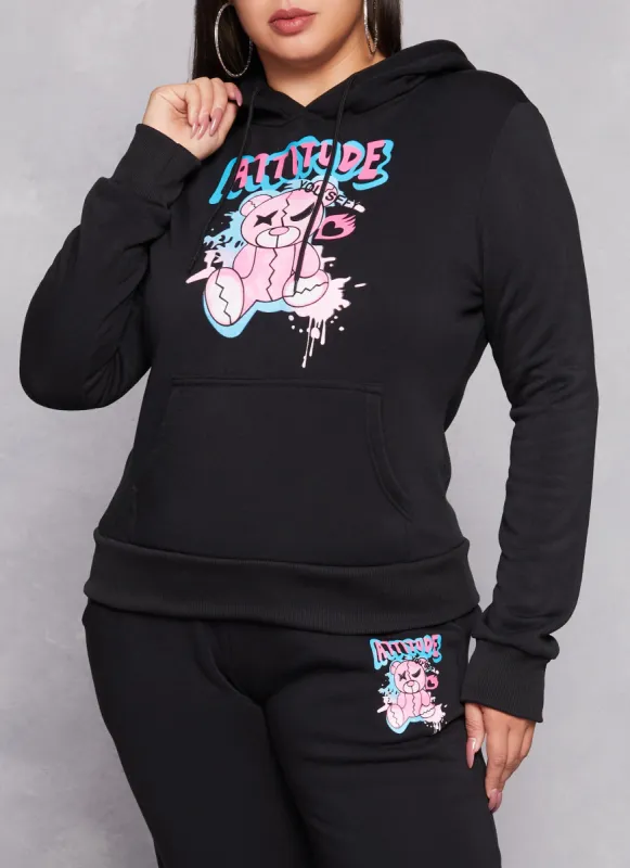 Plus Size Attitude Bear Graphic Pullover Hoodie sold by Rainbow