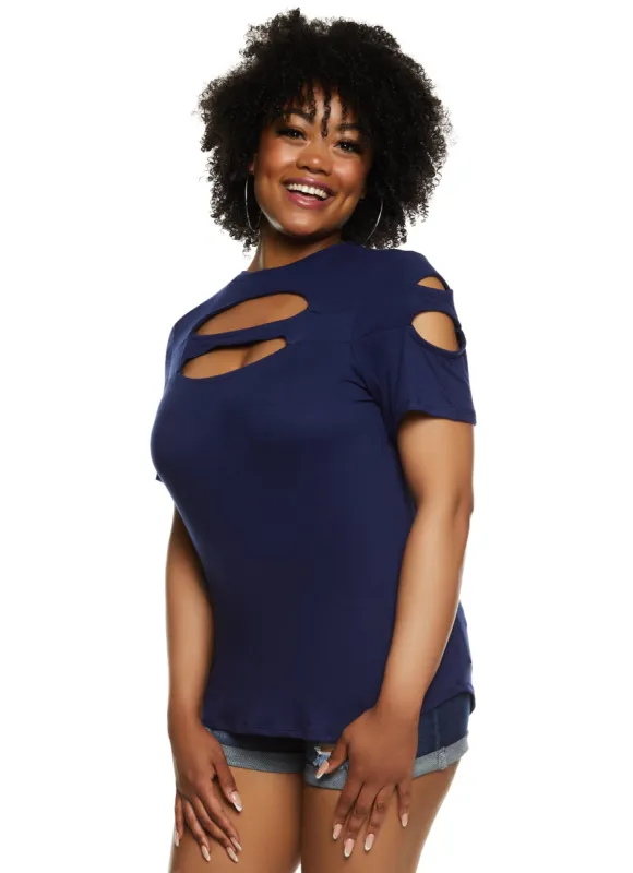 Plus Size Cut Out Crew Neck T Shirt sold by Rainbow