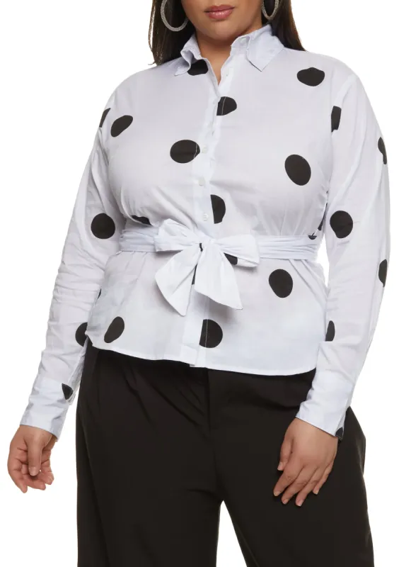 Plus Size Polka Dot Tie Waist Button Front Shirt sold by Rainbow