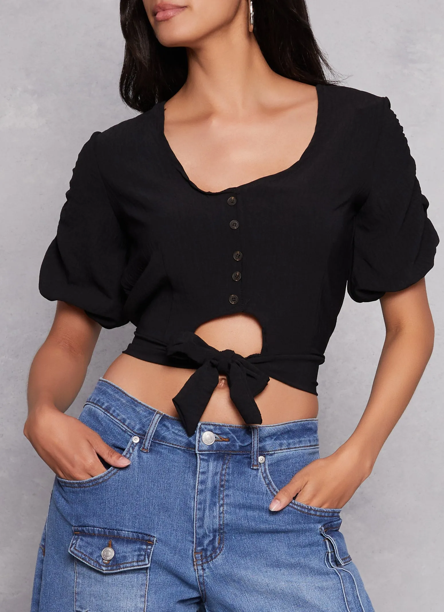 Puff Sleeve Cut Out Button Front Top sold by Rainbow