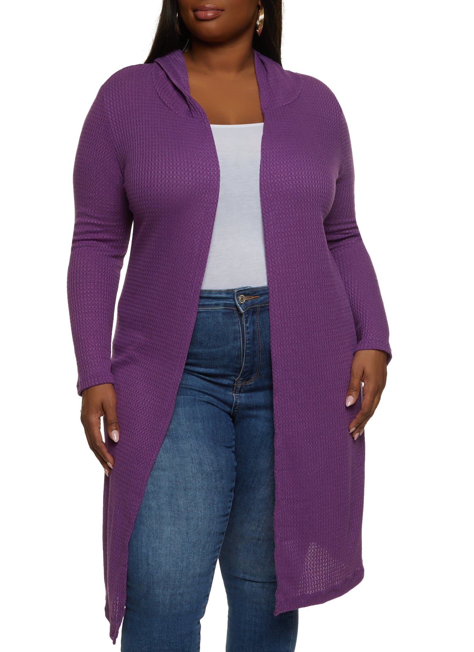 Plus Size Waffle Knit Hooded Long Cardigan sold by Rainbow