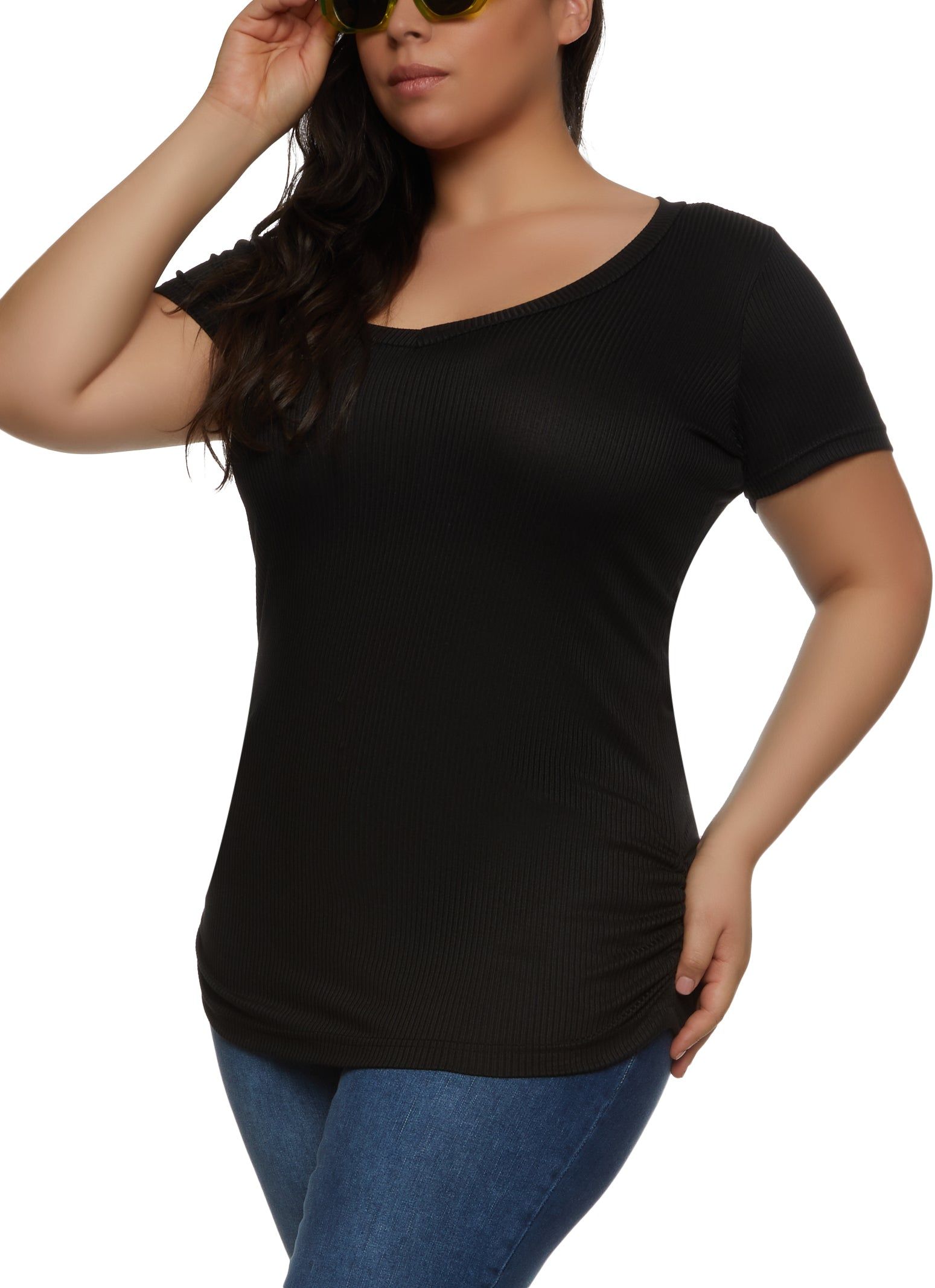 Plus Size Rib Knit Ruched Side V Neck Tee sold by Rainbow