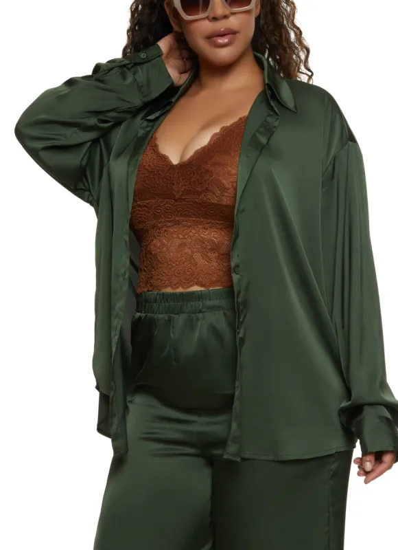 Plus Size Satin Solid Button Front Shirt sold by Rainbow