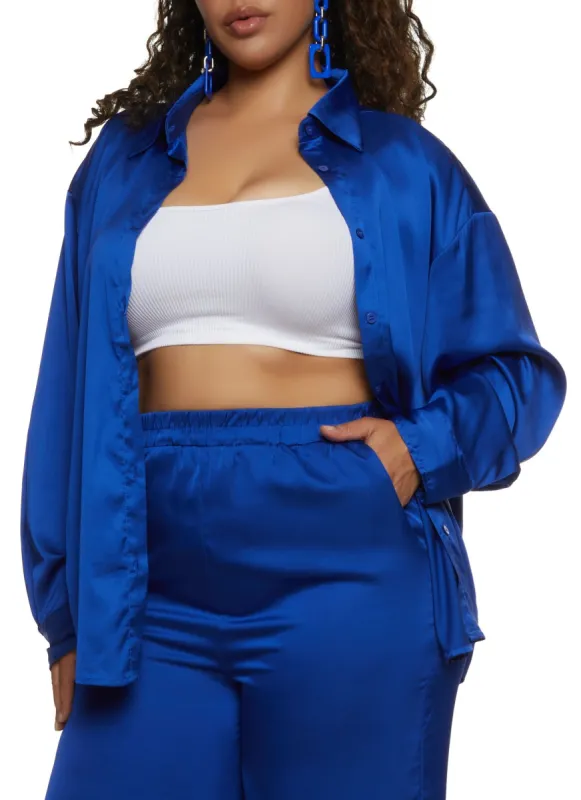 Plus Size Satin Solid Button Front Shirt sold by Rainbow