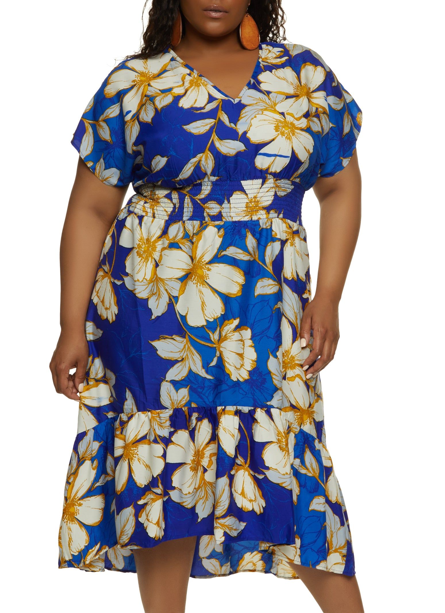 Plus Size Floral Print Smocked V Neck Dress sold by Rainbow