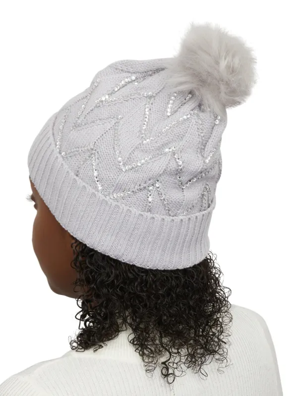Textured Knit Sequin Pom Pom Beanie sold by Rainbow