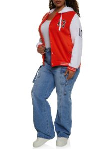 Plus Size 23 Patch Graphic Hooded Baseball Jacket sold by Rainbow