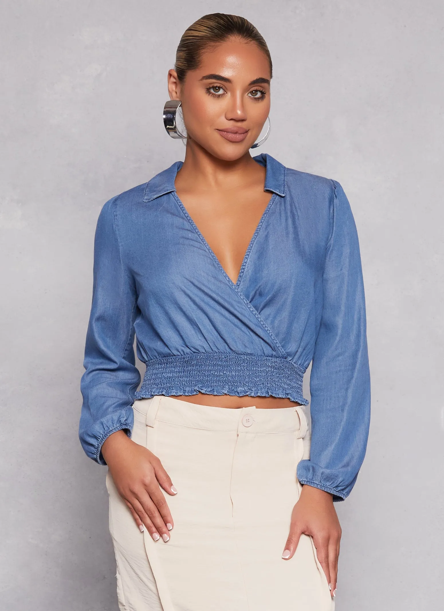 Chambray Faux Wrap Crop Top sold by Rainbow