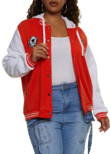 Plus Size 23 Patch Graphic Hooded Baseball Jacket sold by Rainbow