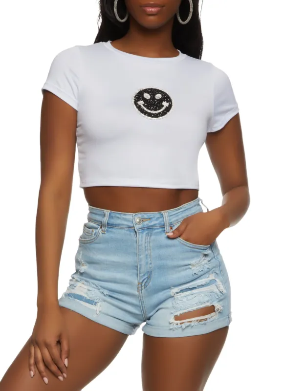 Smiley Rhinestone Crop Top sold by Rainbow