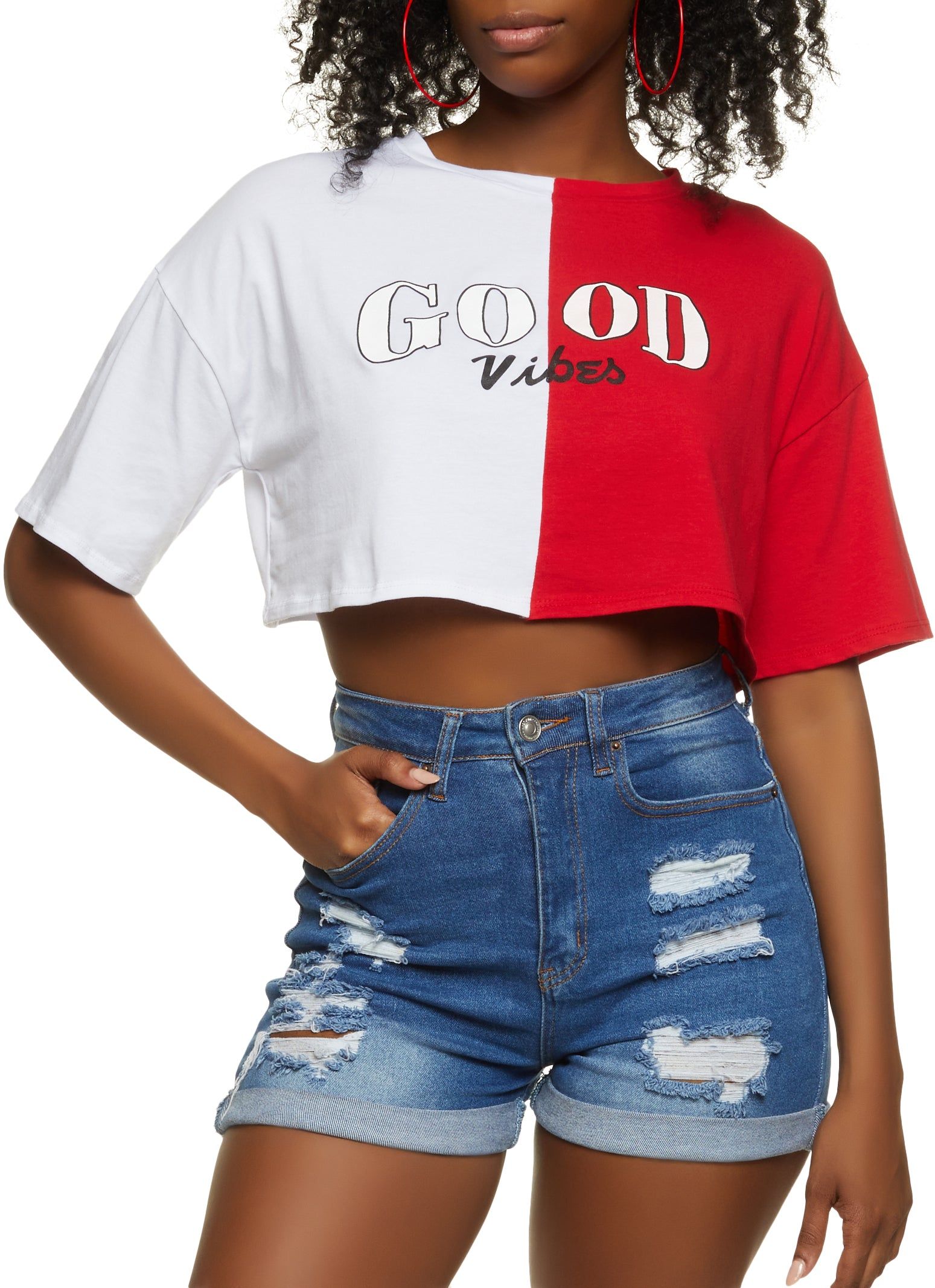 Two Tone Good Vibes Graphic Cropped Tee sold by Rainbow